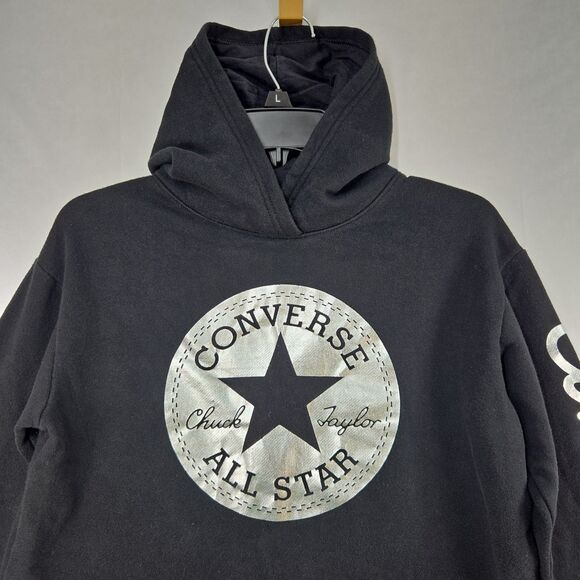 Converse Cropped Silver Foil Black Hoodie Sweatshirt Big Girl Large 12-13 Years - Picture 1 of 8